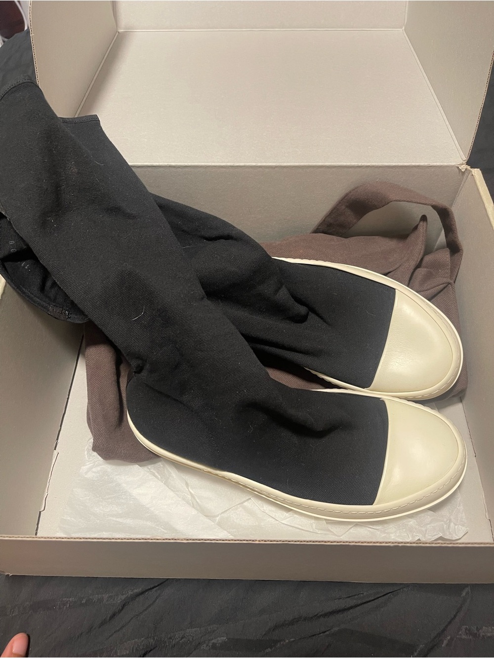 Rick Owens Black Stretch High-Top Sneakers with Cream Toe Cap